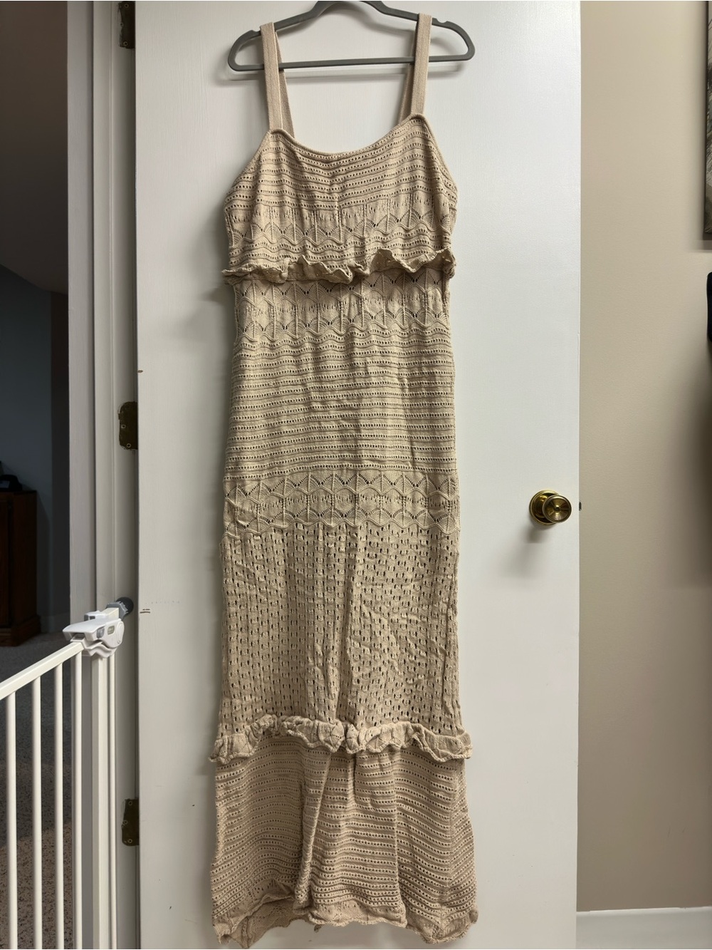 Eloquii Neutral Beige Crochet Maxi Dress with Ruffle Trim